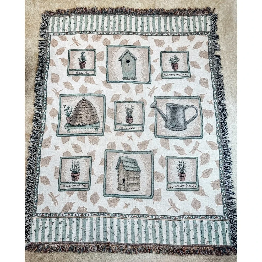 Vintage Pfaltzgraff Naturewood Woven Throw Blanket Afghan Birdhouse Garden 49x60